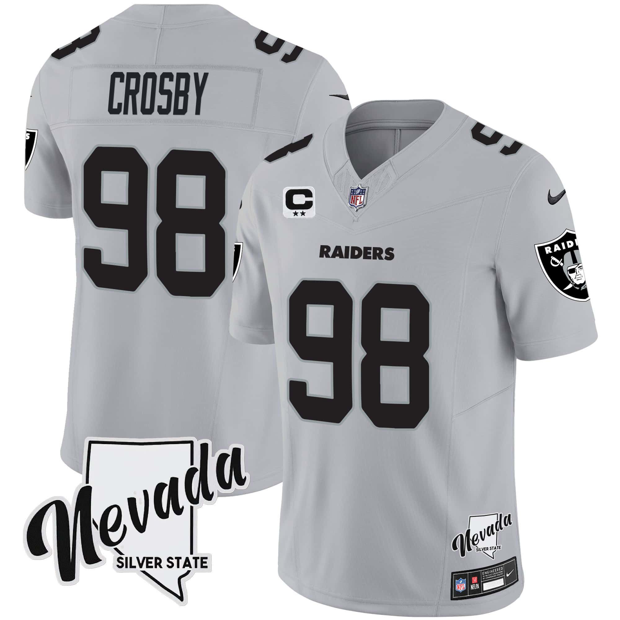 Men Oakland Raiders 98 Crosby Grey 2024 Nike Nevada Silver State Patch Vapor NFL Jersey